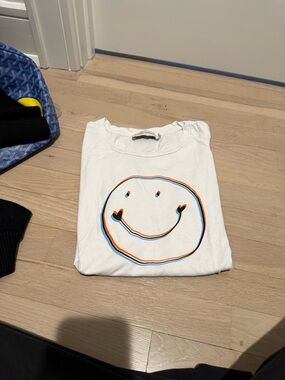 White Short Sleeve Tee with Smiley Face Graphic